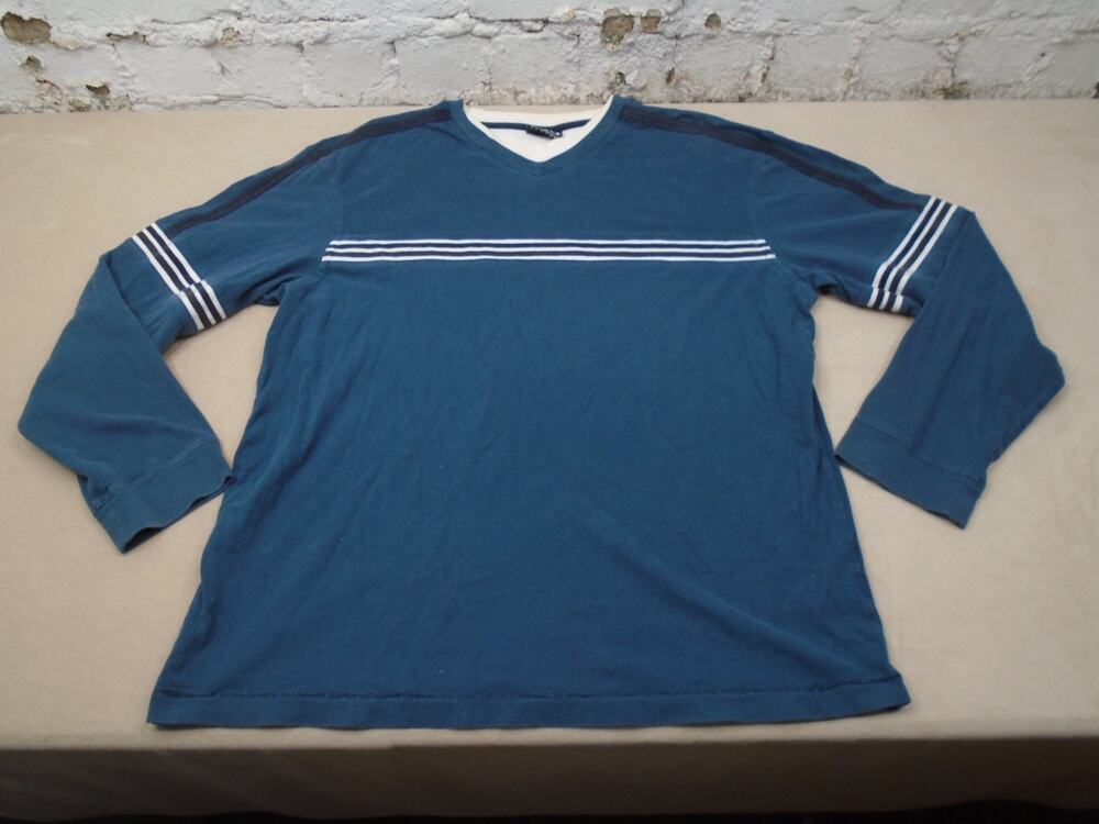 Vintage Y2K Extreme Gear Striped V Neck Blue Shirt Skater Grunge Size XL Cotton